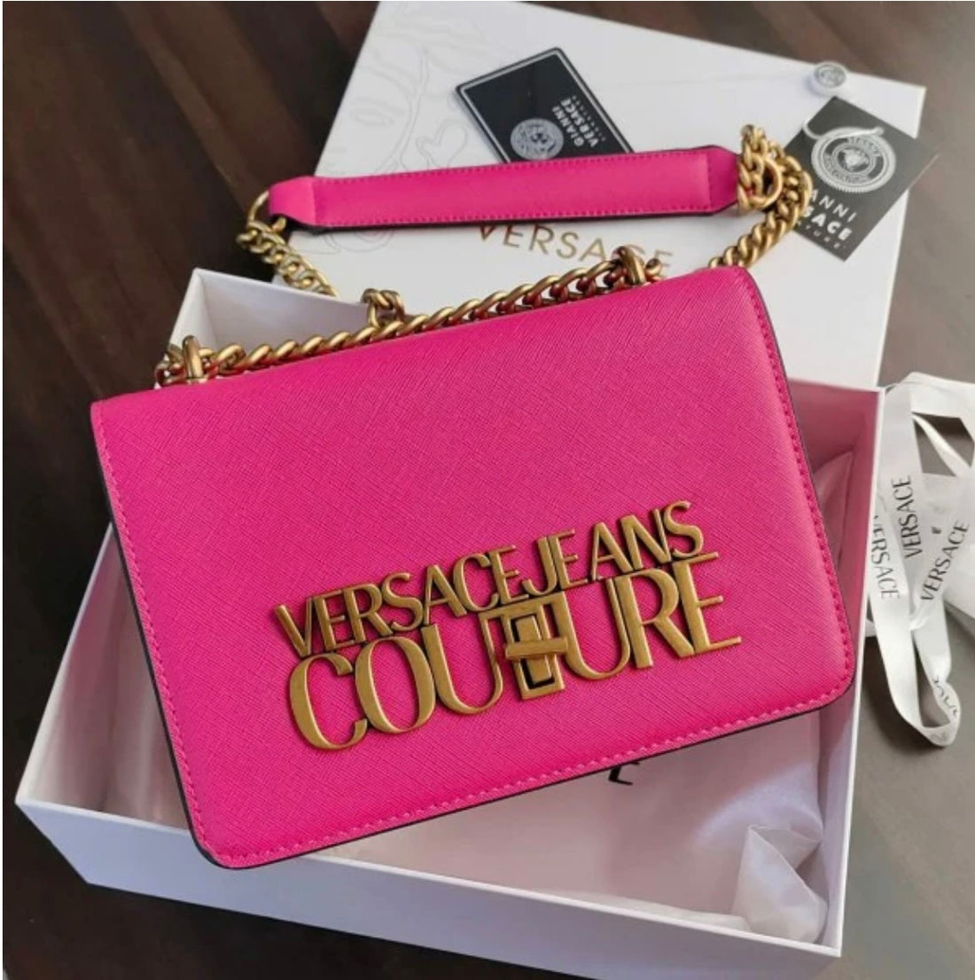 Versace Couture Saffiano Lock Crossbody Bag With Double Box & Dust Bag & Bill