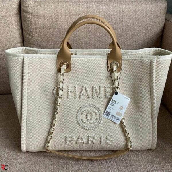 Chanel Deauville Tote – White Canvas with Silver Hardware
